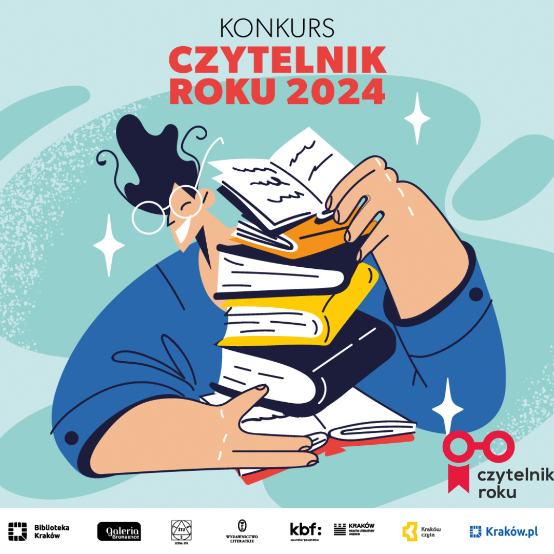 Czytelnik Roku 2024 - konkurs. Grafika osoby trzymającej w rękach stos książek