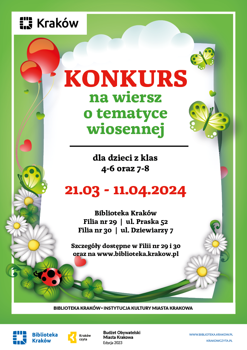 Plakat do konkursu "Wiosenne wierszowanie" - tekst w treści wpisu, na grafice kwiaty, biedronka, motyle