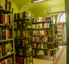 W pomieszczeniu metalowe regały z książkami, duże, okno, przez które wpada światło. Ściany w zielonym kolorze, na podłodze posadzki i chodnik