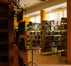Na zdjęciu wnętrze, w którym znajdują się stolik, stojak, metalowe regały w kolorze zielonym z książkami dla dorosłych. Za regałami filar oraz witryny okienne, przez które wpada światło.