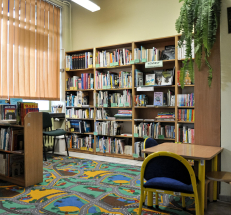 Na zdjęciu widać kolorowy dywan, po lewej stronie regały z książkami, za nimi duże okno, krzesło. Po prawej stronie regały z pozycjami dla dorosłych, dział komiksów dla dzieci i młodzieży, stolik, krzesełka.