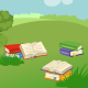 Rysunek z kolorowymi książkami leżącymi na trawie
