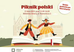 Piknik polski - grafika przedstawia parę biegnącą, książkę z flagą polską