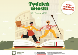 Tydzień włoski - grafika przedstawiająca parę skaczącą nad książką. W rękach mają pizzę i wiosło gondoliera